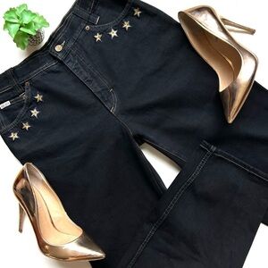 Escada Vintage High Rise Dark Wash Anchor Star Embroidered Jeans Tapered Barrel